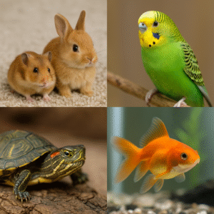 Collage of other pets including a rabbit, hamster, budgerigar bird, turtle, and goldfish — showcasing small animal essentials from Peppies Pet World.